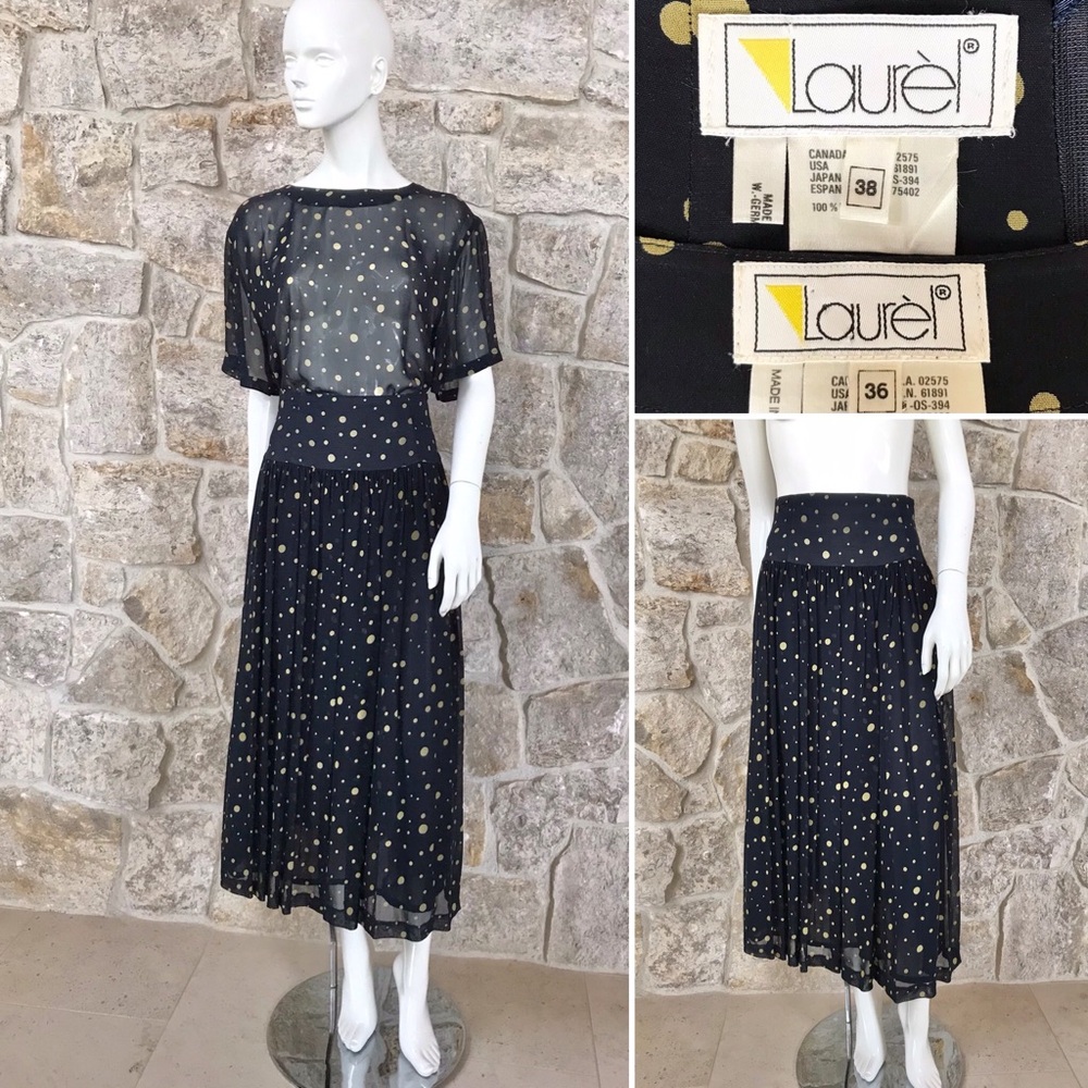 Fantastic Vintage 1980s 80s Laurel Navy and Tan Polka Dot Skirt and Top Set